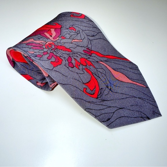 Vintage Pierre Balmain Paris Silk 57” Art Deco Floral Red Pink Purple Print Tie - Picture 5 of 9